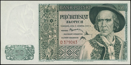 50 złotych 15.08.1939, seria D, numeracja 379043