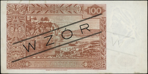 100 złotych 15.08.1939, seria A, numeracja 012345, po obu stronach ukośny czarny nadruk \WZÓR, Lucow 1043 (R5)