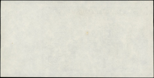 próbny druk strony odwrotnej banknotu 500 złotych 15.08.1939, bez oznaczenia serii i numeracji, papier bez znaku wodnego, brak podpisu drukarni \Thomas De La Rue\" u dołu