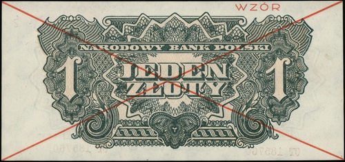 1 złoty 1944, seria CT, numeracja 185760, w klauzuli \obowiązkowym, po obu stronach dwukrotnie przekreślony i nadruk \"WZÓR\" w kolorze czerwonym