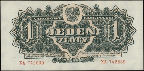 1 złoty 1944, seria XA, numeracja 742839, w klau