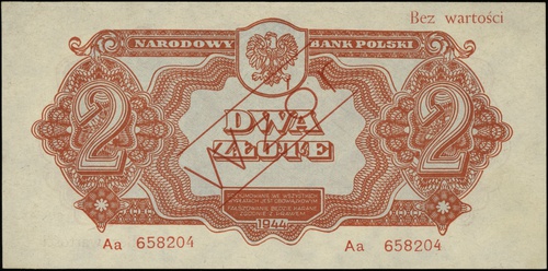 2 złote 1944, seria Aa, numeracja 658204, w klauzuli \obowiązkowym, po obu stronach ukośny czerwony nadruk \"WZÓR\" oraz poziomo \"Bez wartości, Lucow 1082 (R5)