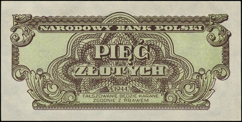 5 złotych 1944, seria XO, numeracja 634666, w klauzuli \obowiązkowym, Lucow 1089 (R3)