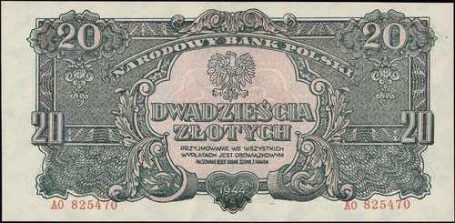 20 złotych 1944, seria AO, numeracja 825470, w klauzuli \obowiązkowym, Lucow 1092 (R4)