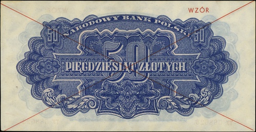 50 złotych 1944, seria TУ, numeracja 588623, w klauzuli \obowiązkowym, po obu stronach dwukrotnie przekreślony i nadruk \"WZÓR\" w kolorze czerwonym