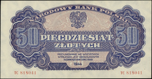 50 złotych 1944, seria TC, numeracja 818041, w klauzuli \obowiązkowym, Lucow 1098 (R5)