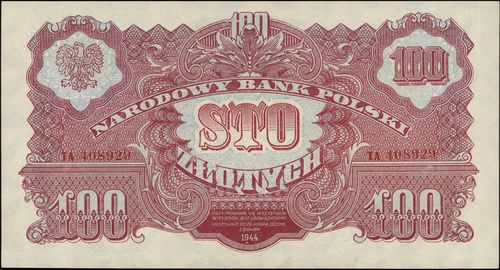 100 złotych 1944, seria TA, numeracja 408929, w klauzuli \obowiązkowym, Lucow 1100 (R5) - ilustrowany w katalogu kolekcji