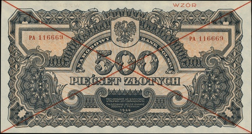 500 złotych 1944, seria PA, numeracja 116669, w klauzuli \obowiązkowym, po obu stronach dwukrotnie przekreślony i nadruk \"WZÓR\" w kolorze czerwonym