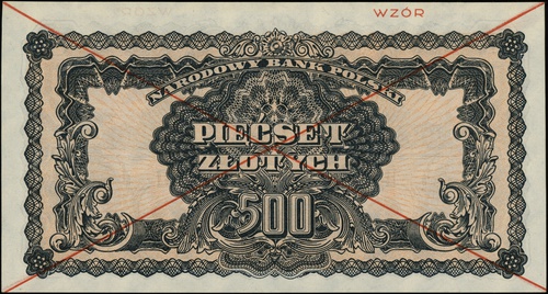500 złotych 1944, seria PA, numeracja 116669, w klauzuli \obowiązkowym, po obu stronach dwukrotnie przekreślony i nadruk \"WZÓR\" w kolorze czerwonym