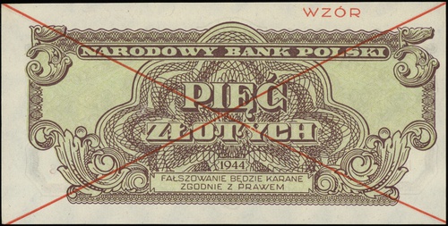 5 złotych 1944, seria HУ, numeracja 803258, w klauzuli \obowiązkowe, po obu stronach dwukrotnie przekreślony i nadruk \"WZÓR\" w kolorze czerwonym