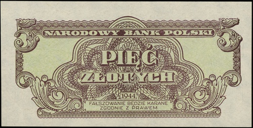 5 złotych 1944, seria xA, numeracja 268365, w klauzuli \obowiązkowe, Lucow 1107 (R3)