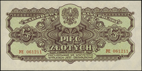 5 złotych 1944, seria УE, numeracja 061211, w klauzuli \obowiązkowe, Lucow 1107a (R2) - ilustrowany w katalogu kolekcji