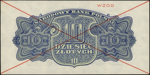 10 złotych 1944, seria Ac, numeracja 446170, w klauzuli \obowiązkowe, po obu stronach dwukrotnie przekreślony i nadruk \"WZÓR\" w kolorze czerwonym