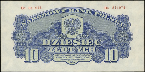 10 złotych 1944, seria Bn, numeracja 811978, w k