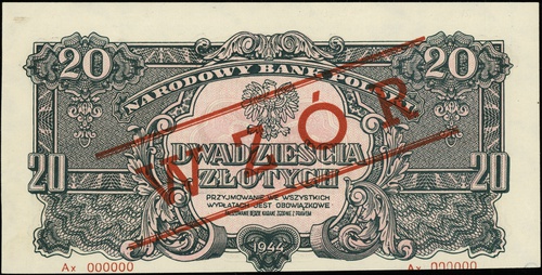 20 złotych 1944, seria Ax, numeracja 000000, w k