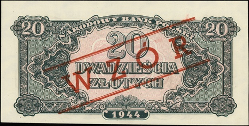 20 złotych 1944, seria Ax, numeracja 000000, w klauzuli \obowiązkowe, po obu stronach ukośny czerwony nadruk \"WZÓR, Lucow 1117 (R6)