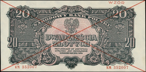 20 złotych 1944, seria KM, numeracja 352007, w klauzuli \obowiązkowe, po obu stronach dwukrotnie przekreślony i nadruk \"WZÓR\" w kolorze czerwonym