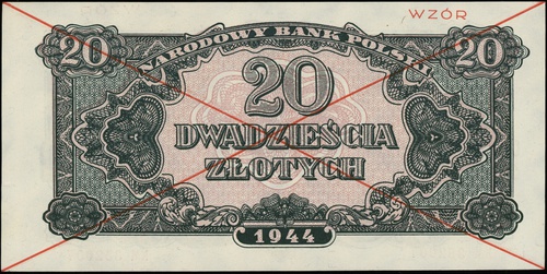 20 złotych 1944, seria KM, numeracja 352007, w klauzuli \obowiązkowe, po obu stronach dwukrotnie przekreślony i nadruk \"WZÓR\" w kolorze czerwonym