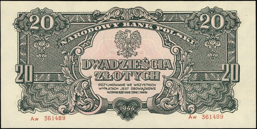 20 złotych 1944, seria Aw, numeracja 361489, w k