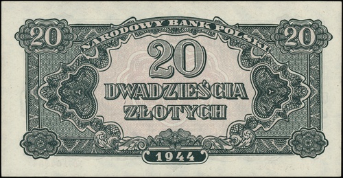 20 złotych 1944, seria УO, numeracja 164964, w klauzuli \obowiązkowe, Lucow 1122c (R2) - ilustrowany w katalogu kolekcji