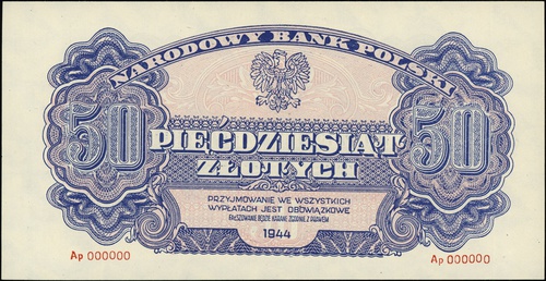 50 złotych 1944, seria Ap, numeracja 000000, w klauzuli \obowiązkowe, Lucow 1124 (R6) - ilustrowany w katalogu kolekcji