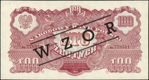 100 złotych 1944, seria Ax, numeracja 778511, w klauzuli \obowiązkowe, po obu stronach czarny ukośny nadruk \"WZÓR, Lucow 1133 (R5)