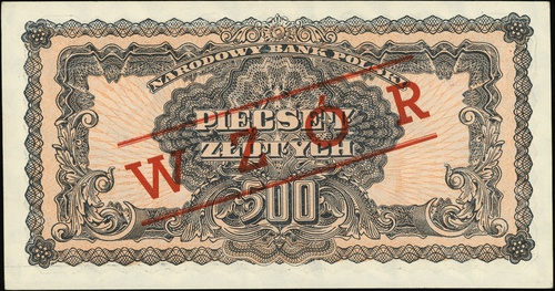 500 złotych 1944, seria Ax, numeracja 638110, w klauzuli \obowiązkowe, po obu stronach czerwony ukośny nadruk \"WZÓR, Lucow 1140 (R5)