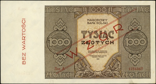 1000 złotych 1945, seria A, numeracja 1234567, po obu stronach czerwony ukośny nadruk \WZÓR\" i pionowo \"BEZ WARTOŚCI, Lucow 1148 (R6)