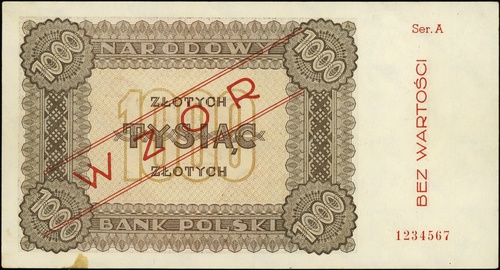 1000 złotych 1945, seria A, numeracja 1234567, po obu stronach czerwony ukośny nadruk \WZÓR\" i pionowo \"BEZ WARTOŚCI, Lucow 1148 (R6)