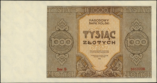 1000 złotych 1945, seria B, numeracja 3653236, Lucow 1151 (R6), Miłczak 120a, ślad na górnym marginesie po odklejaniu, ale bez ugięć, wyśmienity egzemplarz