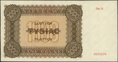 1000 złotych 1945, seria B, numeracja 3653236, Lucow 1151 (R6), Miłczak 120a, ślad na górnym marginesie po odklejaniu, ale bez ugięć, wyśmienity egzemplarz