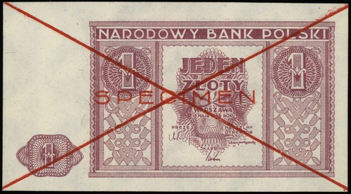 1 złoty 15.05.1946, bez oznaczenia serii i numeracji, po obu stronach dwukrotnie przekreślony z nadrukiem \SPECIMEN\" w kolorze czerwonym