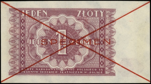 1 złoty 15.05.1946, bez oznaczenia serii i numeracji, po obu stronach dwukrotnie przekreślony z nadrukiem \SPECIMEN\" w kolorze czerwonym