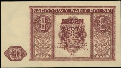 1 złoty 15.05.1946, bez oznaczenia serii i numeracji, Lucow 1174 (R0), Miłczak 123, minimalnie ugięty prawy margines, ale wyśmienity egzemplarz