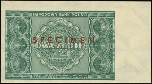 2 złote 15.05.1946, bez oznaczenia serii i numeracji, po obu stronach czerwony nadruk \SPECIMEN, Lucow 1175 (R5)