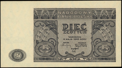 5 złotych 15.05.1946, bez oznaczenia serii i numeracji, Lucow 1182 (R1), Miłczak 125, parę niewielkich ugięć, ale piękny egzemplarz
