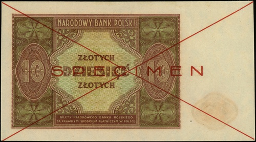 10 złotych 15.05.1946, bez oznaczenia serii i numeracji, po obu stronach dwukrotnie przekreślony z nadrukiem \SPECIMEN\" w kolorze czerwonym