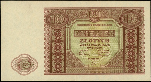 10 złotych 15.05.1946, bez oznaczenia serii i numeracji, Lucow 1186 (R1), Miłczak 126, niewielkie ugięcie w prawym dolnym rogu, ale wyśmienity egzemplarz