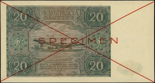 20 złotych 15.05.1946, seria A, numeracja 1234567, po obu stronach dwukrotnie przekreślony z nadrukiem \SPECIMEN\" w kolorze czerwonym