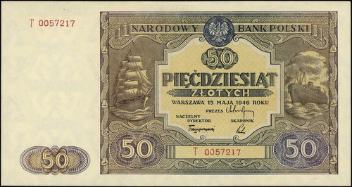 50 złotych 15.05.1946, seria T, numeracja 0057217, Lucow 1197a (R3), Miłczak 128b, wyśmienity egzemplarz