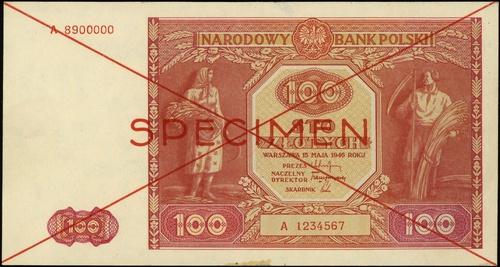 100 złotych 15.05.1946, seria A, numeracja 1234567 / 8900000, po obu stronach dwukrotnie przekreślony z nadrukiem \SPECIMEN\" w kolorze czerwonym