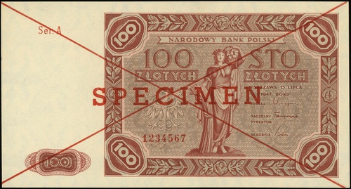 100 złotych 15.07.1947, seria A, numeracja 1234567, po obu stronach dwukrotnie przekreślony z nadrukiem \SPECIMEN\" w kolorze czerwonym