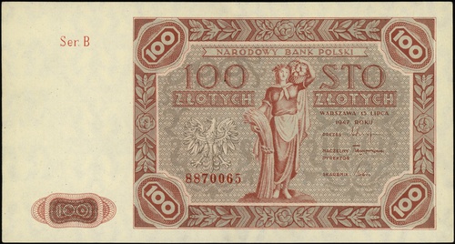 100 złotych 15.07.1947, seria B, numeracja 88700