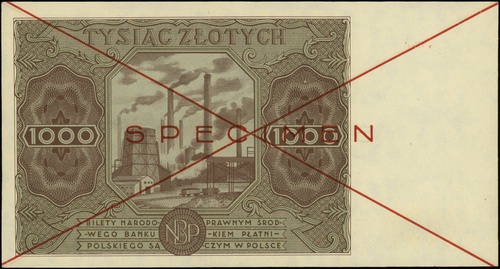 1000 złotych 15.07.1947, seria A, numeracja 1234567, po obu stronach dwukrotnie przekreślony z nadrukiem \SPECIMEN\" w kolorze czerwonym