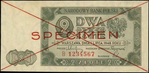 2 złote 1.07.1948, seria B, numeracja 1234567, po obu stronach dwukrotnie przekreślony z nadrukiem \SPECIMEN\" w kolorze czerwonym