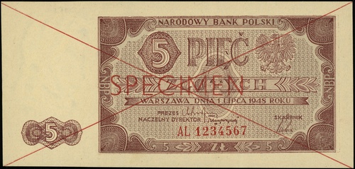 5 złotych 1.07.1948, seria AL, numeracja 1234567, po obu stronach dwukrotnie przekreślony z nadrukiem \SPECIMEN\" w kolorze czerwonym