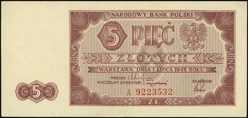 5 złotych 1.07.1948, seria A, numeracja 9223532,