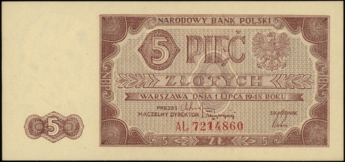 5 złotych 1.07.1948, seria AŁ, numeracja 7214860