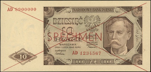 10 złotych 1.07.1948, seria AD, numeracja 123456
