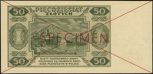 50 złotych 1.07.1948, seria AA, numeracja 1234567 / 8901234, po obu stronach dwukrotnie przekreślony z nadrukiem \SPECIMEN\" w kolorze czerwonym